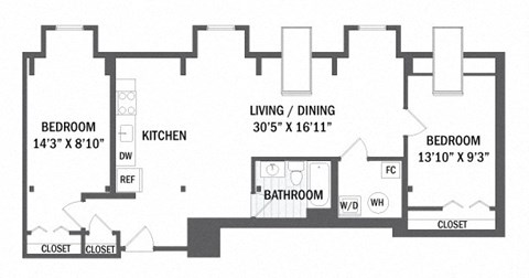 Floor plan for 2 beds, 2 baths, 1159 sqft